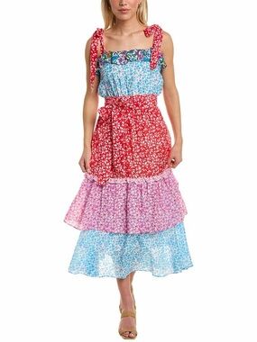 Roller Rabbit Floral Mix Eleanor Red Pink Blue Floral Tiered Midi Dress